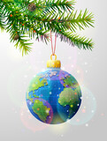 Christmas tree branch with decorative bauble of globe. Earth planet ball hanging on pine twig as christmas ornament. Vector image for christmas, travel, new years day, geography, decoration, tourism