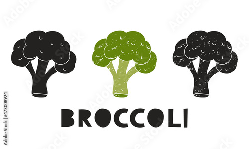 Broccoli, silhouette icons set with lettering. Imitation of stamp, print with scuffs. Simple black shape and color vector illustration. Hand drawn isolated elements on white background