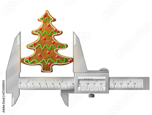 Horizontal caliper measures gingerbread christmas tree. Concept of holiday cookie decorated colored icing and measuring tool. Vector image for christmas, cooking, new years day, winter holiday, etc