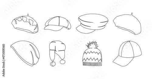 Hat types, one line illustration, vector on a white background.