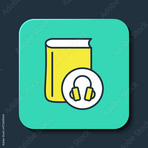 Filled outline Audio book icon isolated on blue background. Book with headphones. Audio guide sign. Online learning concept. Turquoise square button. Vector