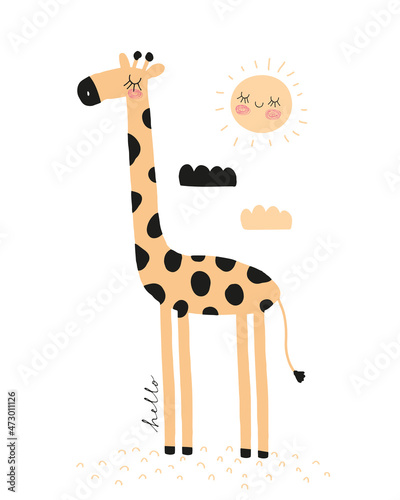 Simple Hand Drawn Vector Illustrations with Cute Dreamy Giraffe. Infantile Style Nursery Vector Print ideal for Wall Art, Poster, Card, Safari Party. Funny Giraffe and Happy Sun on a White Background.