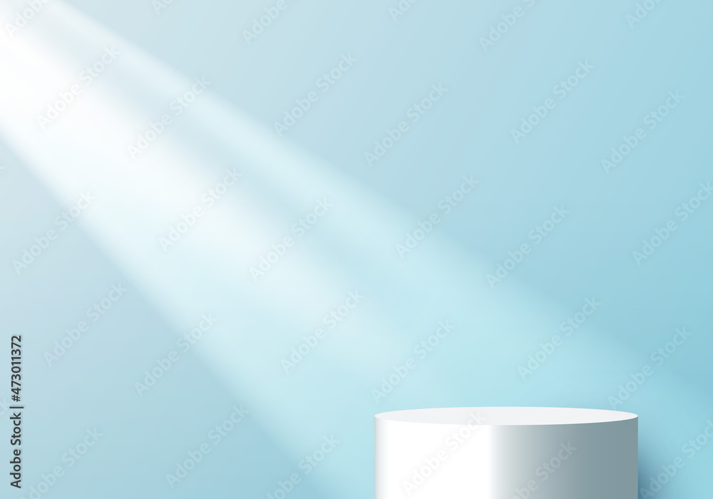 3D empty studio room white cylinder podium with light shines from the window on soft blue minimal scene background