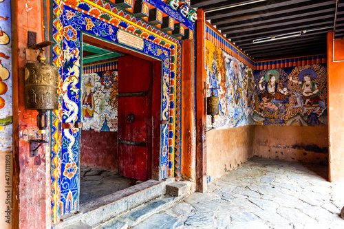 Entrance of Gangtey Goemba Monastery in Phobjikha Valley, Central Bhutan, Asia © jeeweevh