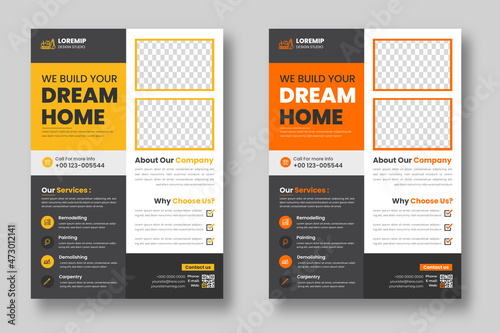 Construction Business Flyer Template with yellow and orange color, Corporate construction tools flyer design,  home improvement flyer template, home repair flyer.