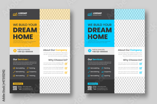 Construction Business Flyer Template with yellow and blue color, Corporate construction tools flyer design,  home improvement flyer template, home repair flyer.
