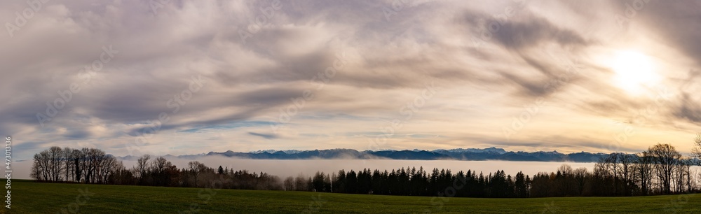 Hohenpeissenberg, Nebelmeer, Wolkenmeer, Wolken, Panorama, Alpenblick, Sonnenuntergang, Bayern, Oberbayern, Deutschland