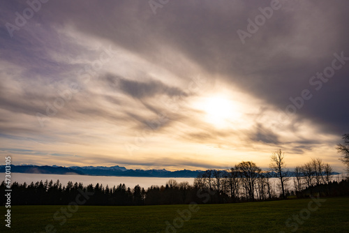 Hohenpeissenberg, Nebelmeer, Wolkenmeer, Wolken, Panorama, Alpenblick, Sonnenuntergang, Bayern, Oberbayern, Deutschland