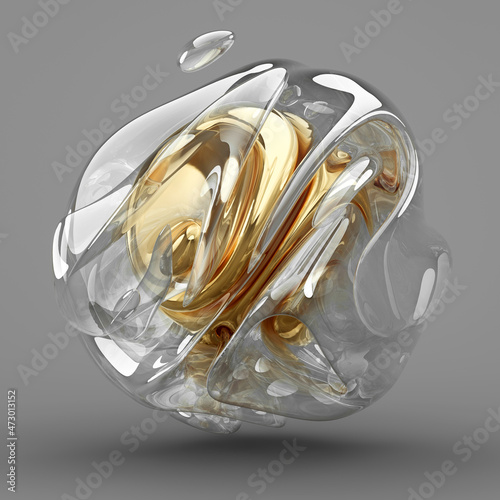 3d render of abstract art with surreal 3d organic alien ball bubble or sphere in curve wavy smooth and soft biological organic lines forms in glossy glass and gold core inside on grey background