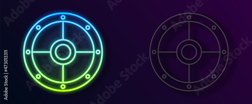 Glowing neon line Round wooden shield icon isolated on black background. Security, safety, protection, privacy, guard concept. Vector