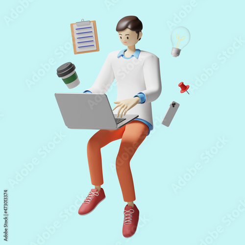 man working with laptop 3d illustration