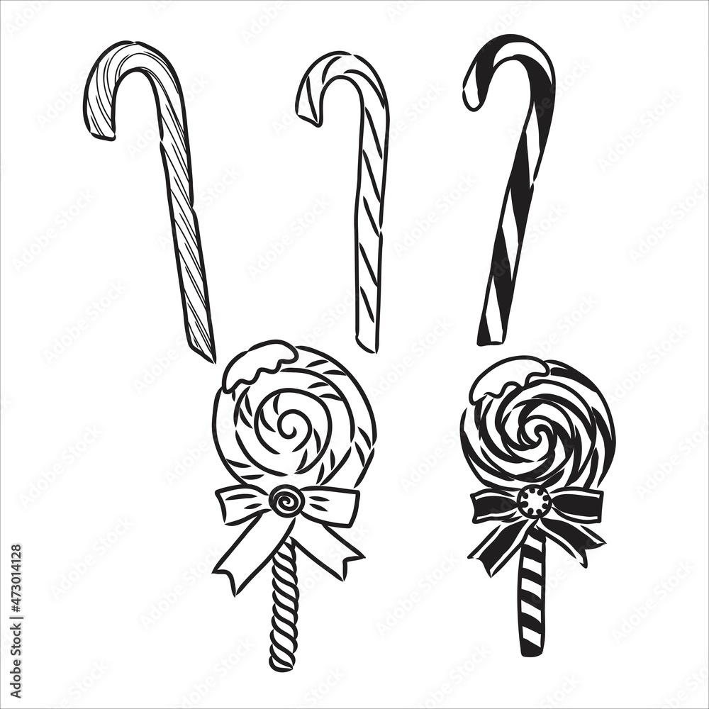 Doodle style hard candy set sketch in vector format. Includes lollipops