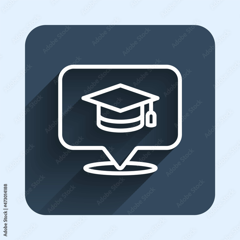 White line Graduation cap in speech bubble icon isolated with long shadow background. Graduation hat with tassel icon. Blue square button. Vector White line Graduation cap in speech bubble icon isolated with long shadow background. Graduation hat with tassel icon. Blue square button. Vector
