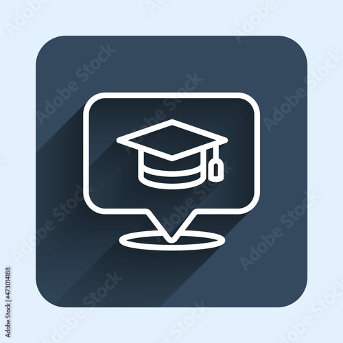 White line Graduation cap in speech bubble icon isolated with long shadow background. Graduation hat with tassel icon. Blue square button. Vector