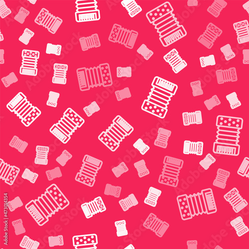White line Musical instrument accordion icon isolated seamless pattern on red background. Classical bayan, harmonic. Vector