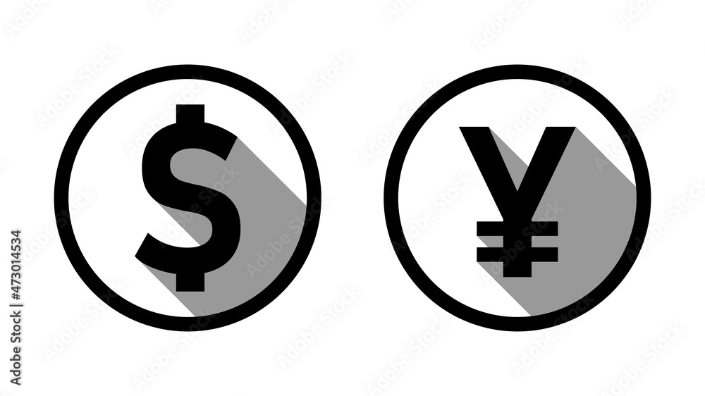 US Dollar Japanese Yen or Chinese Yuan Exchange Rate Currency Sign or Icon Set with a Coin Style Design and 3D Shadow Effect. Vector Image. US Dollar Japanese Yen or Chinese Yuan Exchange Rate Currency Sign or Icon Set with a Coin Style Design and 3D Shadow Effect. Vector Image.