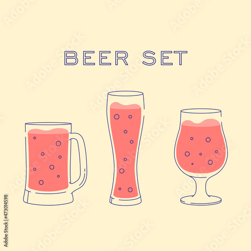 Beer set. Illustration isolated. Flat design style with color fill. Collection of beer glassware line art