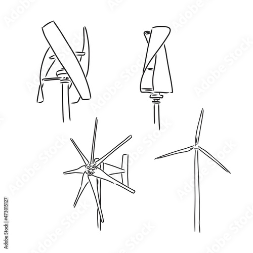 Wind farm is a series of wind generators set in the area to provide people with renewable green energy. EPS8 vector illustration in a sketchy style imitating scribbling in the notebook or diary.