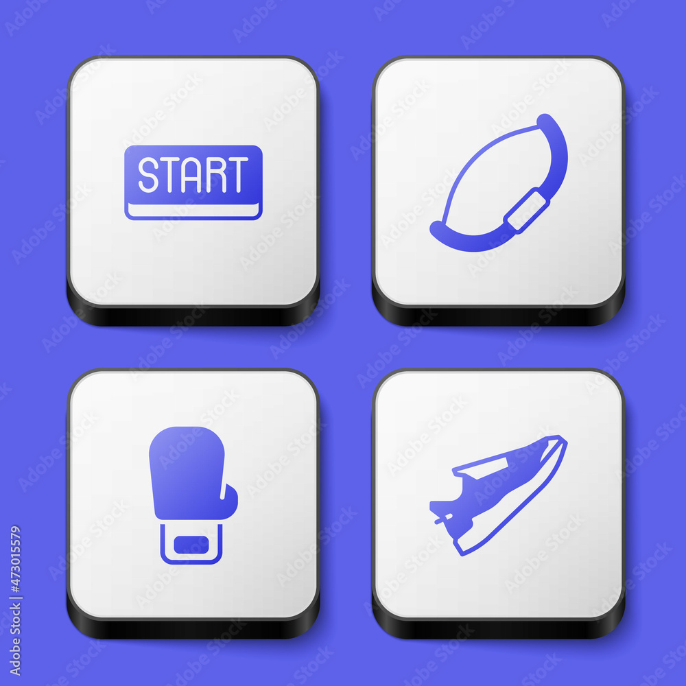 Set Ribbon in finishing line, Medieval bow, Boxing glove and Fitness sneakers shoes icon. White square button. Vector