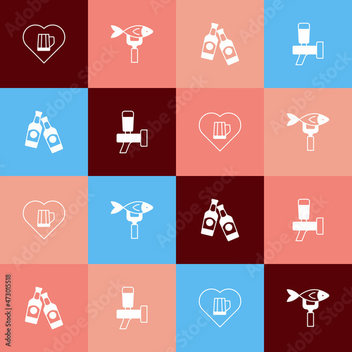 Set pop art Heart with glass of beer, Dried fish, Beer bottle and tap icon. Vector