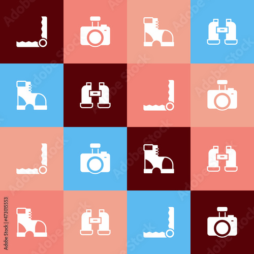 Set pop art Trap hunting, Photo camera, Hunter boots and Binoculars icon. Vector