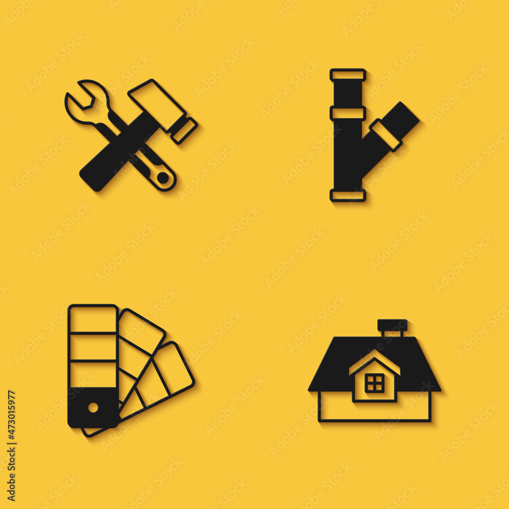 Set Hammer and wrench spanner, House, Color palette guide and Industry metallic pipe icon with long shadow. Vector Set Hammer and wrench spanner, House, Color palette guide and Industry metallic pipe icon with long shadow. Vector