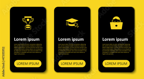 Set Student working at laptop, Graduation cap with cursor and Award cup. Business infographic template. Vector
