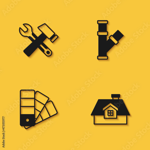 Set Hammer and wrench spanner, House, Color palette guide and Industry metallic pipe icon with long shadow. Vector