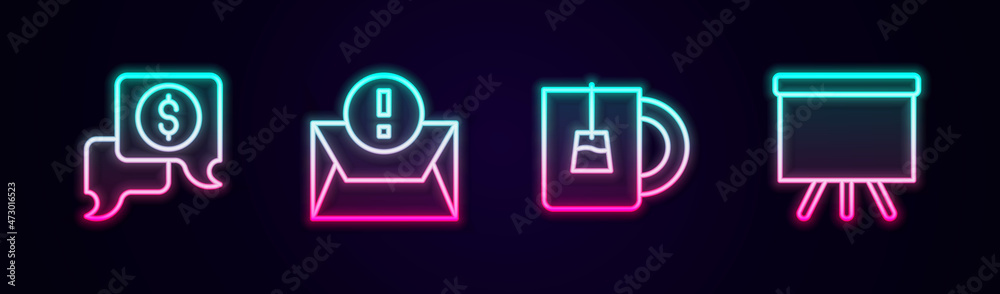 Set line Business negotiations, Envelope, Cup of tea and Chalkboard. Glowing neon icon. Vector Set line Business negotiations, Envelope, Cup of tea and Chalkboard. Glowing neon icon. Vector