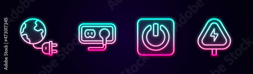 Set line Global energy planet with plug, Electrical outlet, Power button and High voltage. Glowing neon icon. Vector