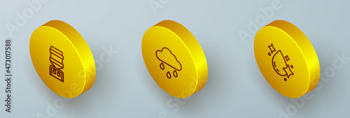 Set Isometric line Water cooler, Cloud with rain and drop icon. Vector