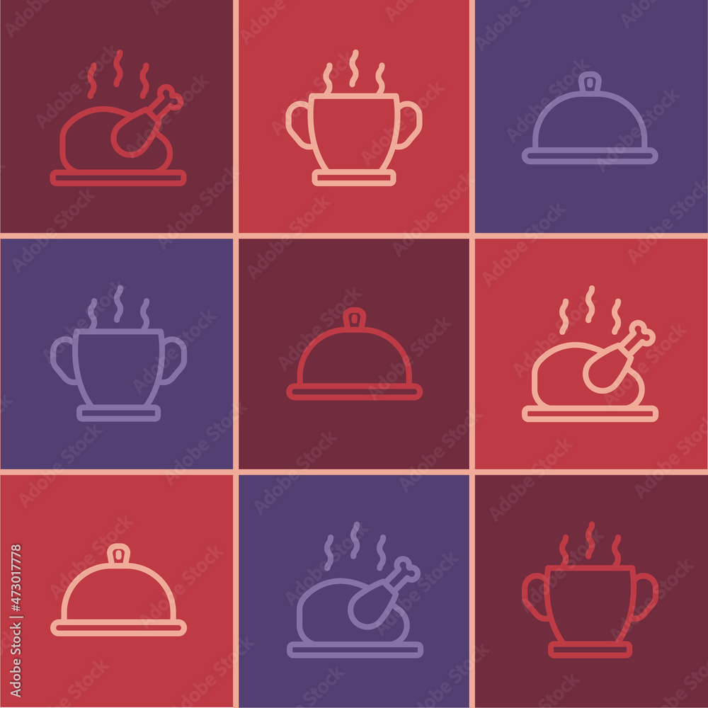 Set line Roasted turkey or chicken, Covered with tray of food and Bowl hot soup icon. Vector Set line Roasted turkey or chicken, Covered with tray of food and Bowl hot soup icon. Vector
