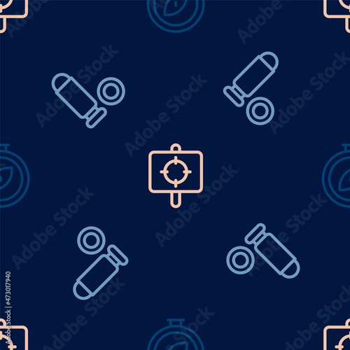 Set line Compass, Bullet and Target sport on seamless pattern. Vector