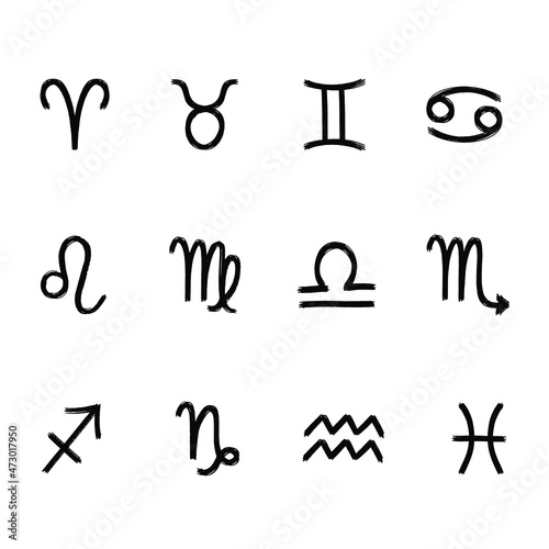 Set of 12 vector grunge zodiacal constellations. Collection of 12 zodiac signs. Aries, Taurus, Leo, Gemini, Virgo, Scorpio, Libra, Aquarius, Sagittarius, Pisces, Capricorn, Cancer.