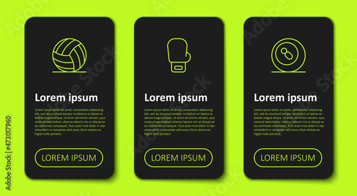 Set line Volleyball ball, Boxing glove and Billiard pool snooker. Business infographic template. Vector
