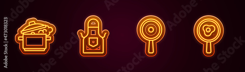 Set line Cooking pot, Kitchen apron, Frying pan and Fried eggs frying. Glowing neon icon. Vector