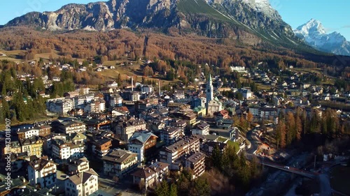Cortina d Ampezzo in the Dolomites Italian Alps - aerial view - travel photography photo
