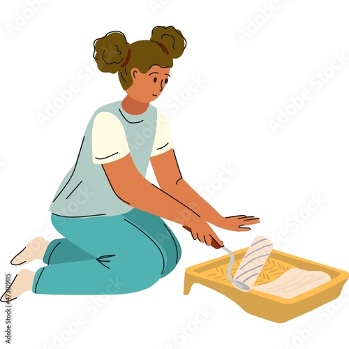 Young woman using paint roller tray icon vector