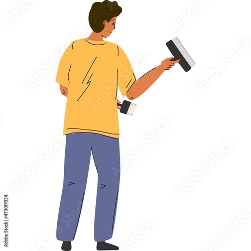 Man putty wall with trowel icon home repair vector
