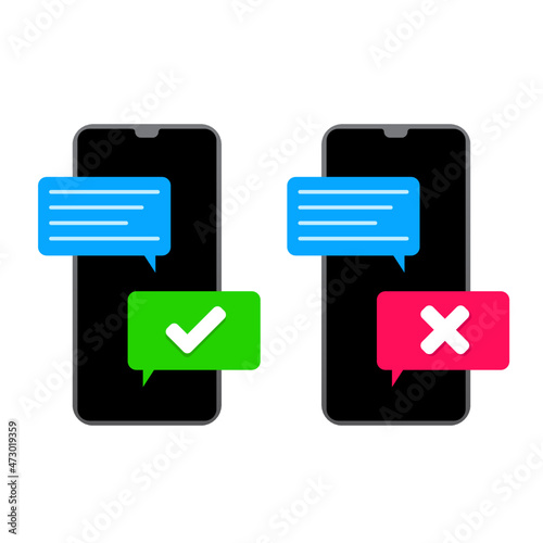 isometrick mobile phone, smartphone SMS chat speech bubble Accept and reject Offer, Yes No reply Vector flat logo minimal illustration 