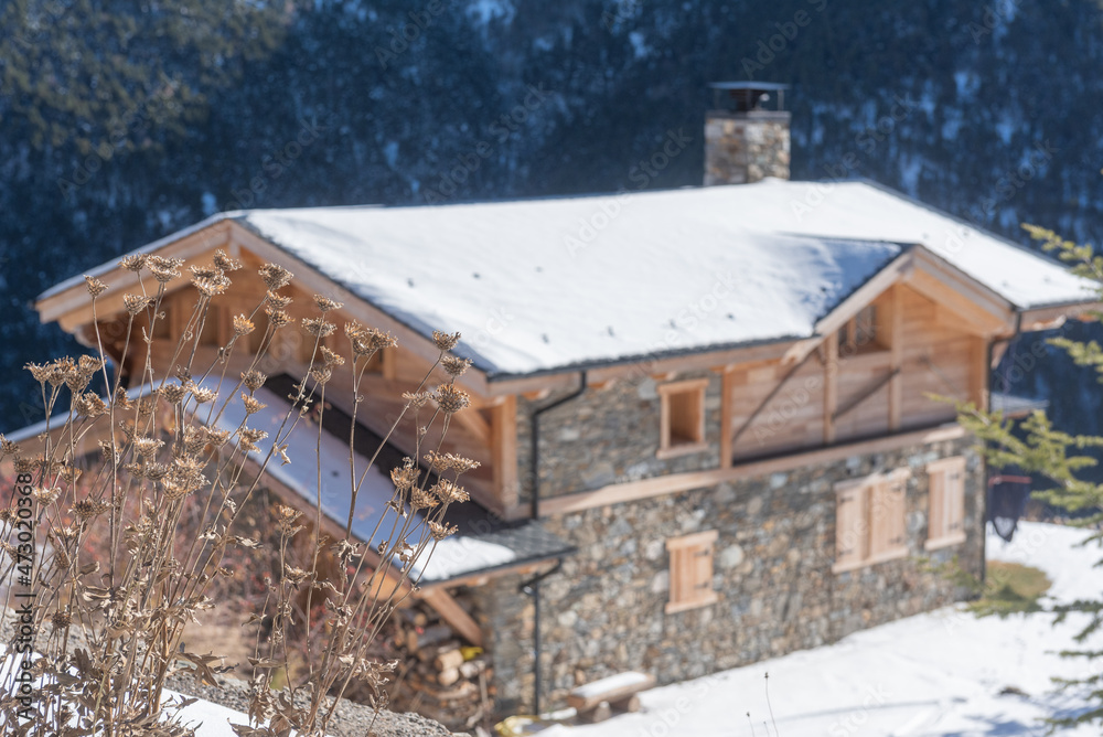Mountain cabin in the Pyrenees of Andorra in Winter