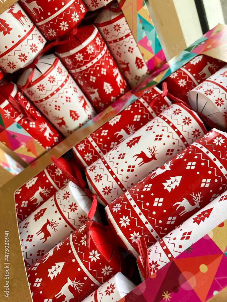 Red and white Christmas crackers. 