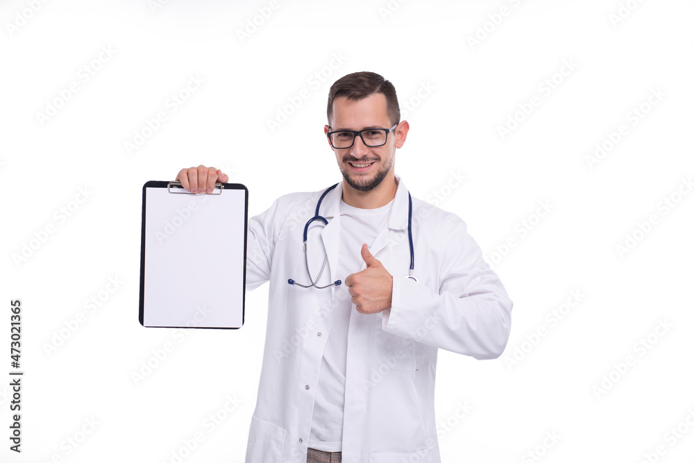 Doctor Man Showing Blank Clipboard and Thumb Up Isolated. Advertisment, Office, Commercial Concept Doctor Man Showing Blank Clipboard and Thumb Up Isolated. Advertisment, Office, Commercial Concept