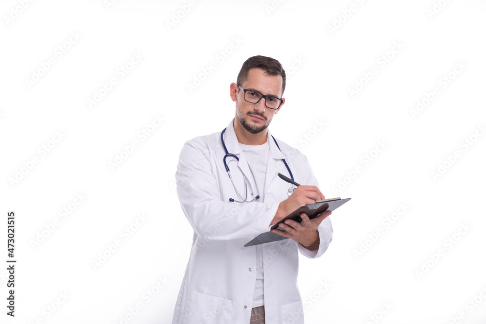 Doctor Man Writing in Clipboard Isolated. Doctor Working with Clipboard. Commecial, Shopping, Advertisment Concept Doctor Man Writing in Clipboard Isolated. Doctor Working with Clipboard. Commecial, Shopping, Advertisment Concept