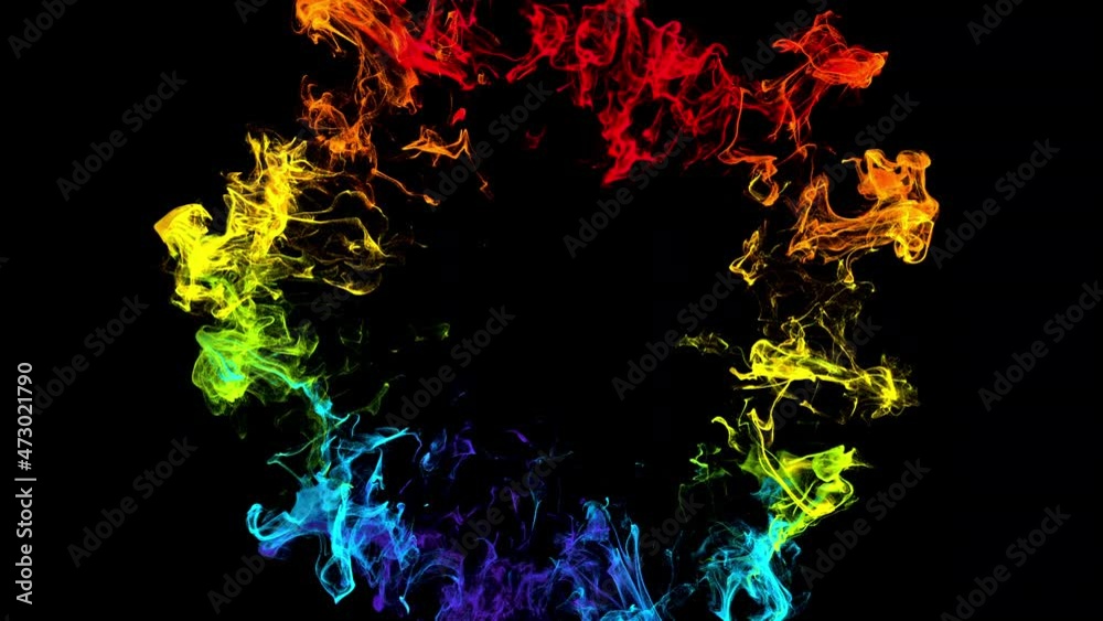 Iridescent multicolored circle particle explosion. Vivid rainbow colored powder smoke pulsating shockwave paint. 4k logo copy space animation with alpha. Isolated on black VJ loop copyspace