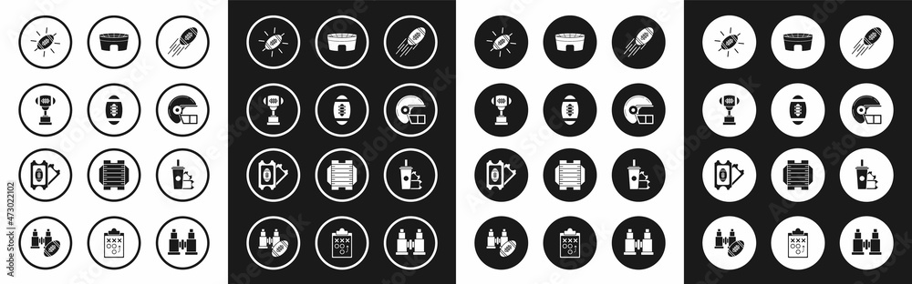 Set American Football ball, Award cup and football, helmet, stadium, ticket paper glass soda with drinking straw and icon. Vector Set American Football ball, Award cup and football, helmet, stadium, ticket paper glass soda with drinking straw and icon. Vector