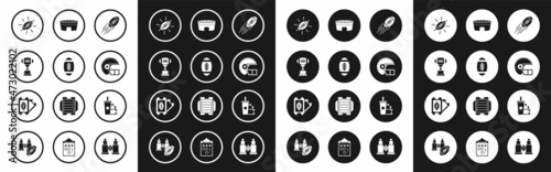 Set American Football ball, Award cup and football, helmet, stadium, ticket paper glass soda with drinking straw and icon. Vector
