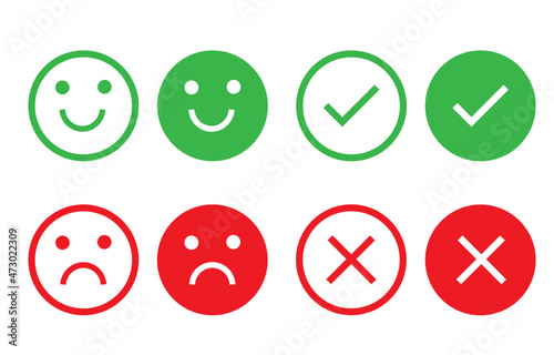 Icon circle face emotions right and wrong. Different smiley faces. The green and red check mark. Round buttons set yes and no. Vector illustration in flat design.