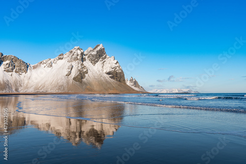 Sunny autumn day at mountain Vestrahorn in Iceland