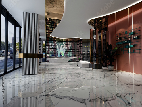 3d render of luxury hotel reception entrance and lobby hall